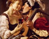 亨德里克特布鲁根 - A Luteplayer Carousing With A Young Woman Holding A Roemer
